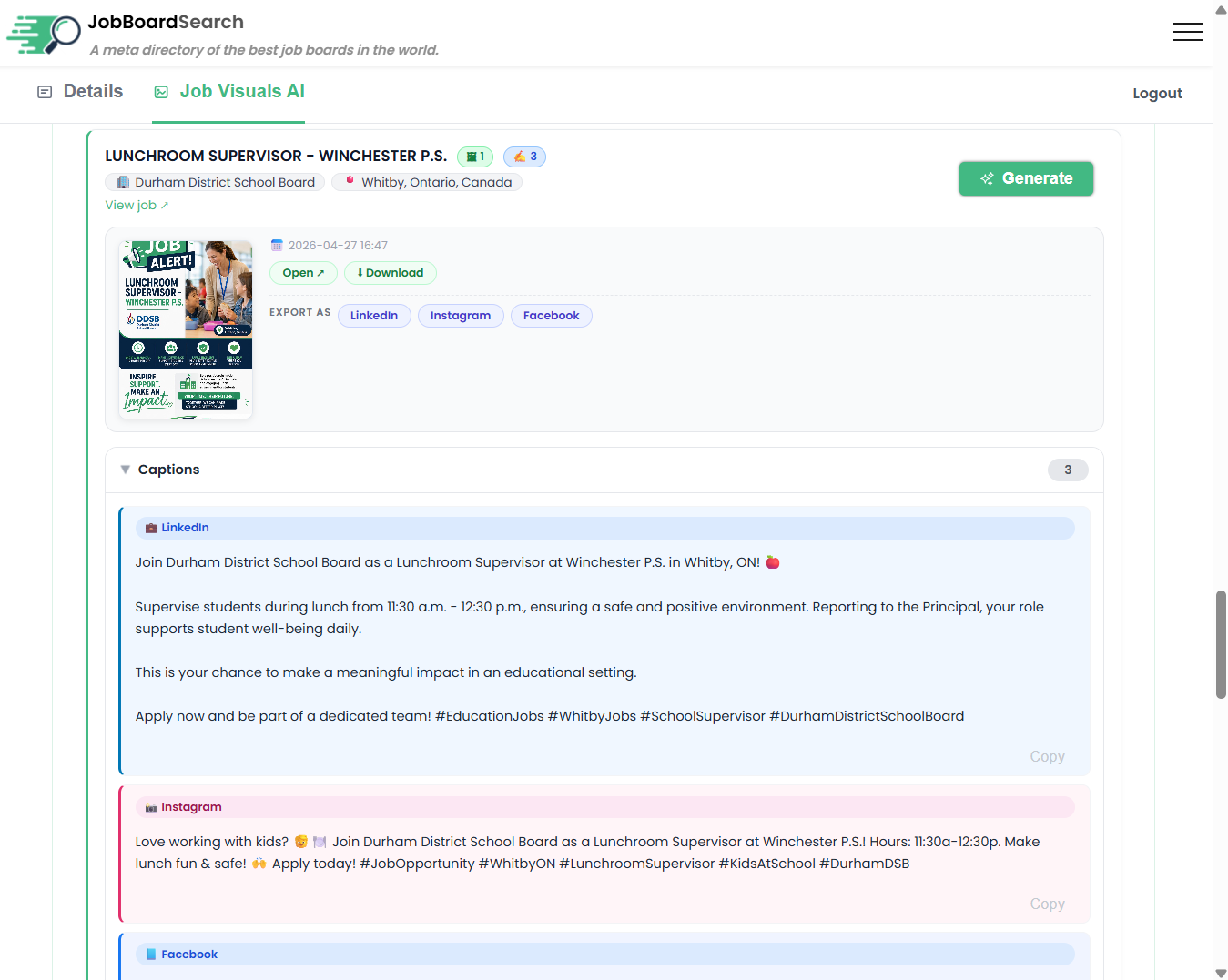 Job Visuals AI dashboard screenshot 1