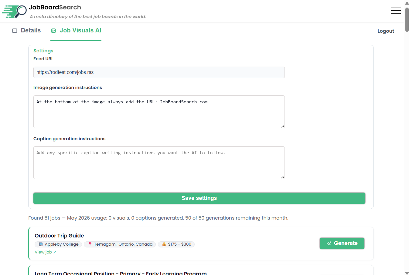 Job Visuals AI dashboard screenshot 2